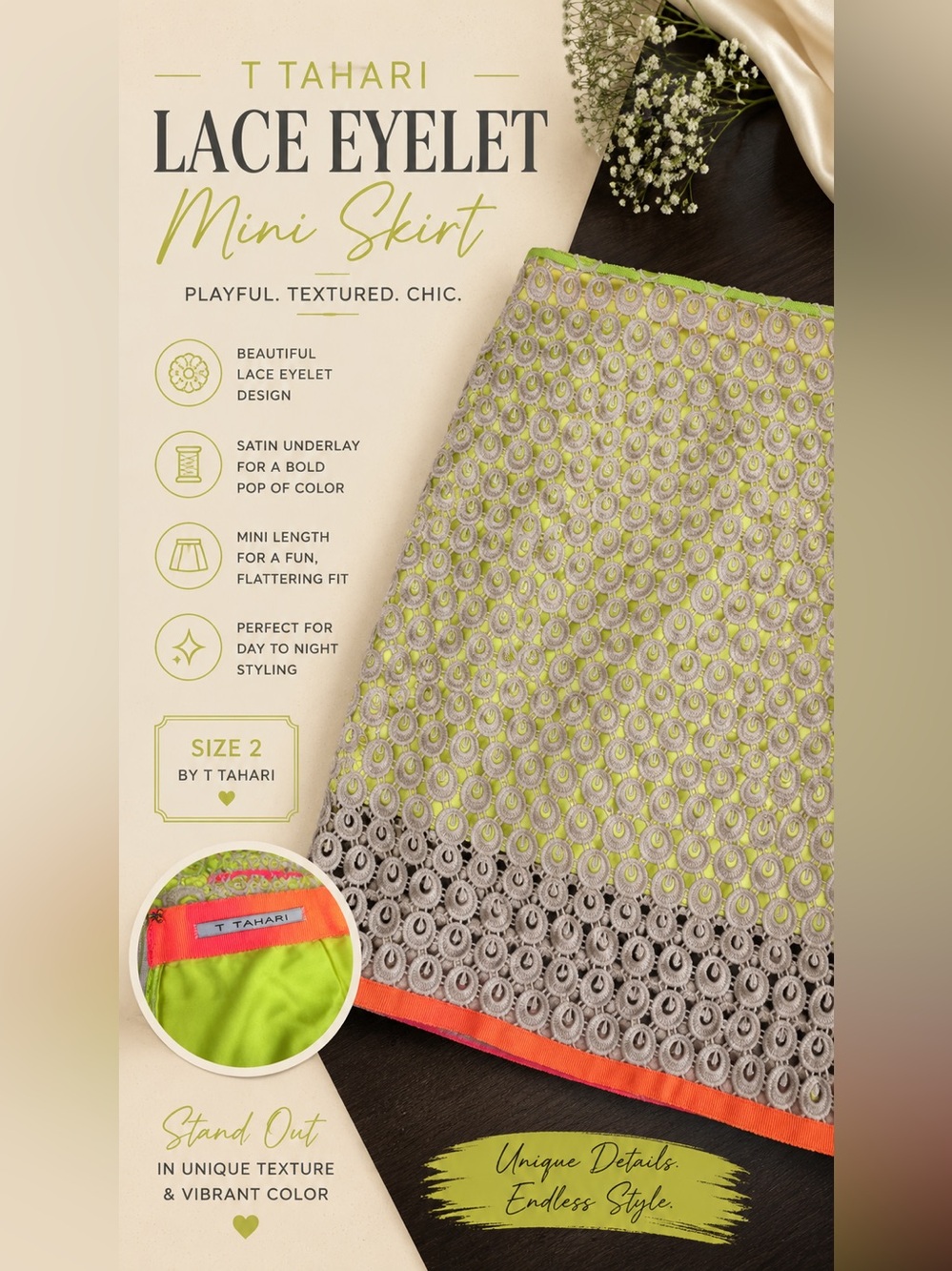 T Tahari Neon Lace Pencil Skirt Gray Lime Green Orange Trim Size 4
